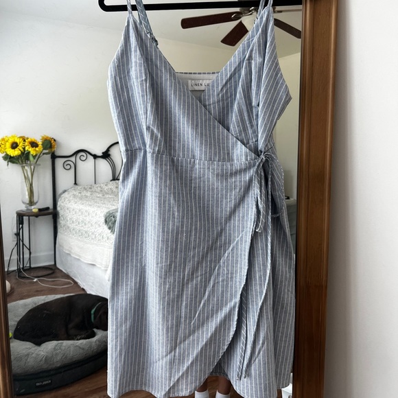 linen lux Dresses Linen Lux Blue Stripe Wrap Dress Poshmark